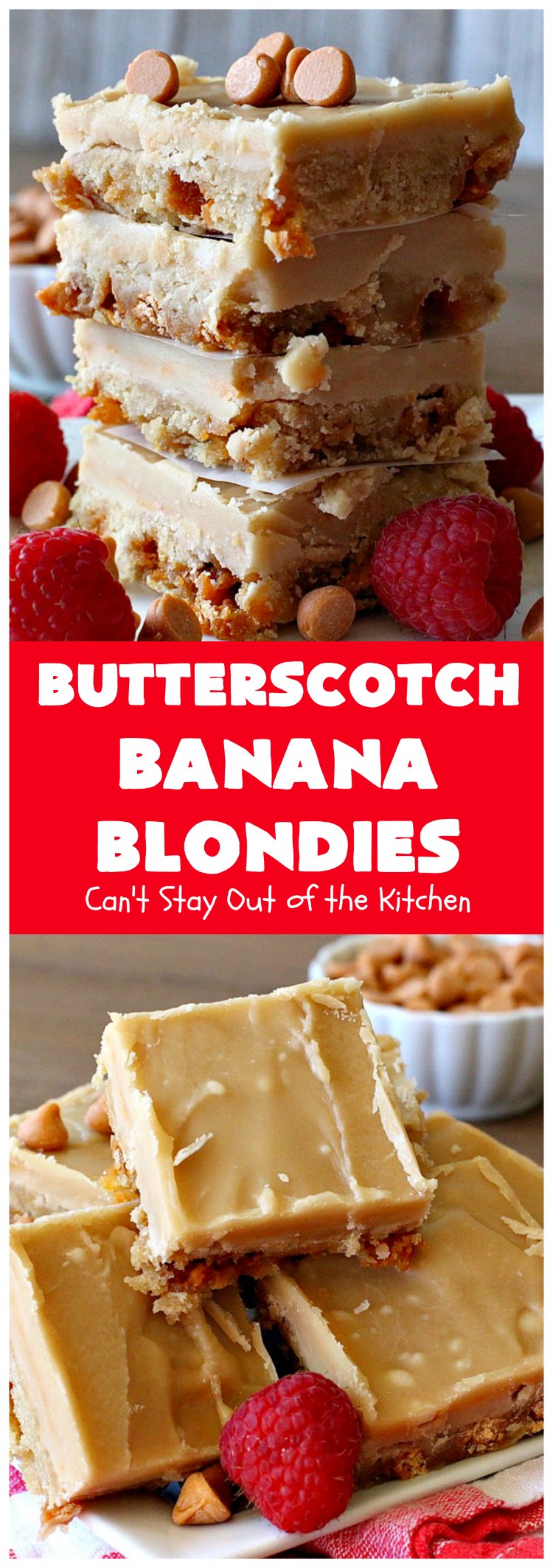 Butterscotch Banana Blondies | Can't Stay Out of the Kitchen | these luscious #cookies are filled with #bananas & #ButterscotchMorsels then they're topped with a #BrownedButterIcing. They're absolutely mouthwatering. #tailgating #brownies #dessert #BananaDessert #ButterscotchDessert #ButterscotchBananaBlondies