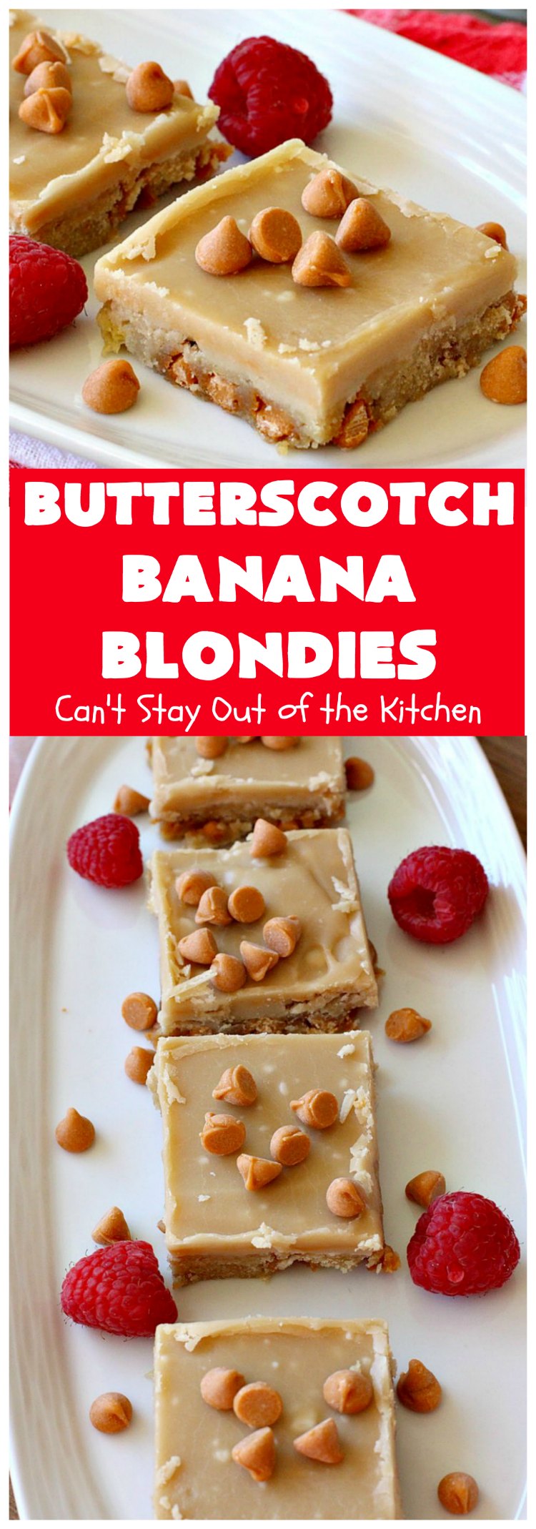 Butterscotch Banana Blondies | Can't Stay Out of the Kitchen | these luscious #cookies are filled with #bananas & #ButterscotchMorsels then they're topped with a #BrownedButterIcing. They're absolutely mouthwatering. #tailgating #brownies #dessert #BananaDessert #ButterscotchDessert #ButterscotchBananaBlondies