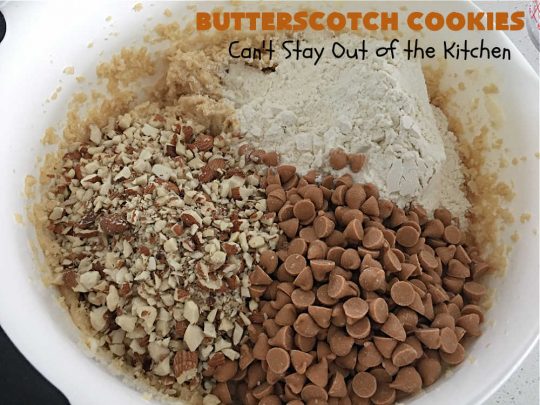 Butterscotch Cookies | Can't Stay Out of the Kitchen | these rich, decadent and heavenly #cookies are filled with #ButterscotchChips & #almonds. The combination of flavors is amazing. Excellent for soccer or hockey practices, potlucks, #tailgating parties or #holiday #baking. #dessert #ButterscotchDessert #AlmondDessert #ChristmasCookieExchange #ButterscotchCookies