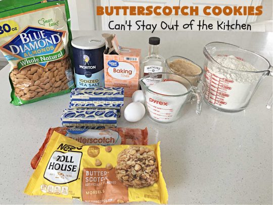 Butterscotch Cookies | Can't Stay Out of the Kitchen | these rich, decadent and heavenly #cookies are filled with #ButterscotchChips & #almonds. The combination of flavors is amazing. Excellent for soccer or hockey practices, potlucks, #tailgating parties or #holiday #baking. #dessert #ButterscotchDessert #AlmondDessert #ChristmasCookieExchange #ButterscotchCookies