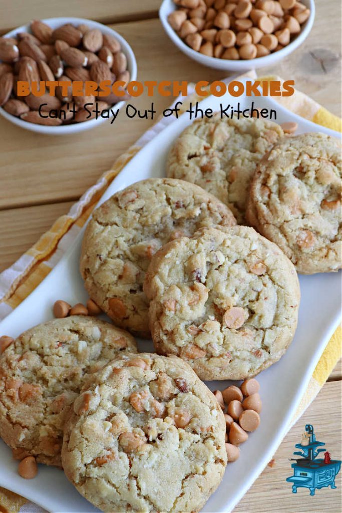 Butterscotch Cookies | Can't Stay Out of the Kitchen | these rich, decadent and heavenly #cookies are filled with #ButterscotchChips & #almonds. The combination of flavors is amazing. Excellent for soccer or hockey practices, potlucks, #tailgating parties or #holiday #baking. #dessert #ButterscotchDessert #AlmondDessert #ChristmasCookieExchange #ButterscotchCookies