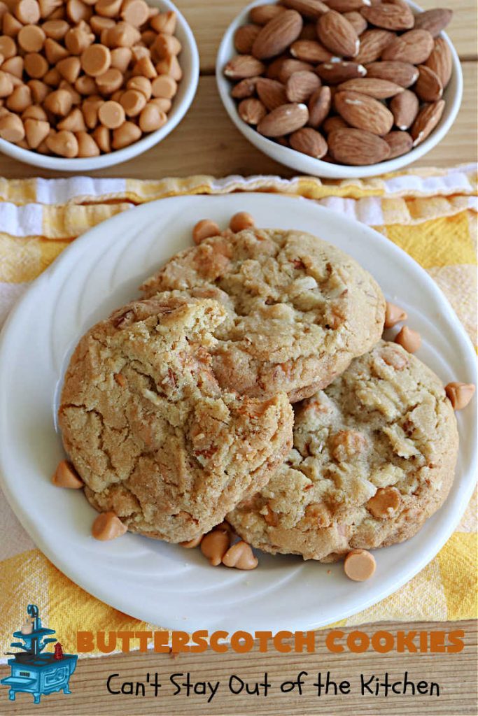 Butterscotch Cookies | Can't Stay Out of the Kitchen | these rich, decadent and heavenly #cookies are filled with #ButterscotchChips & #almonds. The combination of flavors is amazing. Excellent for soccer or hockey practices, potlucks, #tailgating parties or #holiday #baking. #dessert #ButterscotchDessert #AlmondDessert #ChristmasCookieExchange #ButterscotchCookies