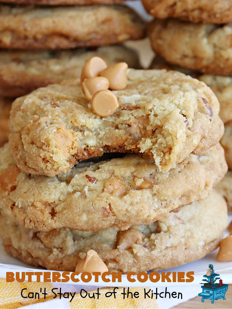 Butterscotch Cookies | Can't Stay Out of the Kitchen | these rich, decadent and heavenly #cookies are filled with #ButterscotchChips & #almonds. The combination of flavors is amazing. Excellent for soccer or hockey practices, potlucks, #tailgating parties or #holiday #baking. #dessert #ButterscotchDessert #AlmondDessert #ChristmasCookieExchange #ButterscotchCookies