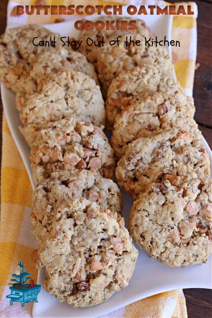 Butterscotch Oatmeal Cookies | Can't Stay Out of the Kitchen | these mouthwatering #OatmealCookies include #pecans, #coconut, #oatmeal & #ButterscotchChips. They're hearty and filling & so delightful to the taste buds, you're sure to want more! Pull them out for #tailgating parties, potlucks, Backyard Barbecues or Family Reunions. Everyone will enjoy these irresistible drool-worthy #cookies. #dessert #ButterscotchDessert #ButterscotchOatmealCookies
