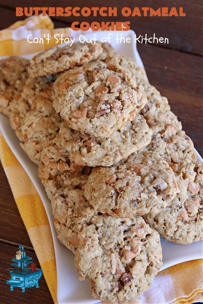 Butterscotch Oatmeal Cookies | Can't Stay Out of the Kitchen | these mouthwatering #OatmealCookies include #pecans, #coconut, #oatmeal & #ButterscotchChips. They're hearty and filling & so delightful to the taste buds, you're sure to want more! Pull them out for #tailgating parties, potlucks, Backyard Barbecues or Family Reunions. Everyone will enjoy these irresistible drool-worthy #cookies. #dessert #ButterscotchDessert #ButterscotchOatmealCookies