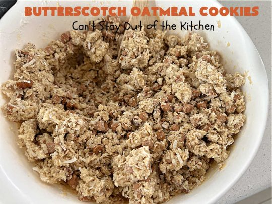 Butterscotch Oatmeal Cookies | Can't Stay Out of the Kitchen | these mouthwatering #OatmealCookies include #pecans, #coconut, #oatmeal & #ButterscotchChips. They're hearty and filling & so delightful to the taste buds, you're sure to want more! Pull them out for #tailgating parties, potlucks, Backyard Barbecues or Family Reunions. Everyone will enjoy these irresistible drool-worthy #cookies. #dessert #ButterscotchDessert #ButterscotchOatmealCookies