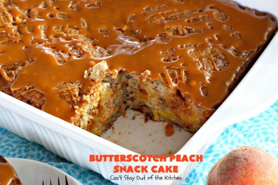 Butterscotch Peach Snack Cake | Can't Stay Out of the Kitchen | this outrageous #cake is absolutely divine! It's filled with #peaches & #butterscotchchips. Then it's glazed with #butterscotch icing. This #dessert is rich, decadent & absolutely irresistible. It's marvelous for #holidays like #FathersDay or #FourthofJuly.