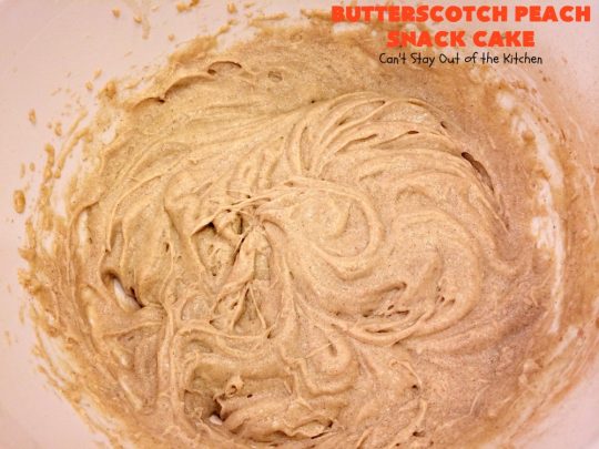 Butterscotch Peach Snack Cake | Can't Stay Out of the Kitchen | this outrageous #cake is absolutely divine! It's filled with #peaches & #butterscotchchips. Then it's glazed with #butterscotch icing. This #dessert is rich, decadent & absolutely irresistible. It's marvelous for #holidays like #FathersDay or #FourthofJuly.