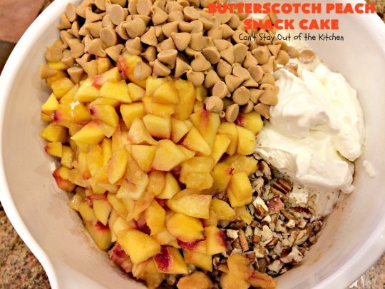 Butterscotch Peach Snack Cake | Can't Stay Out of the Kitchen | this outrageous #cake is absolutely divine! It's filled with #peaches & #butterscotchchips. Then it's glazed with #butterscotch icing. This #dessert is rich, decadent & absolutely irresistible. It's marvelous for #holidays like #FathersDay or #FourthofJuly.