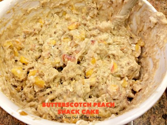 Butterscotch Peach Snack Cake | Can't Stay Out of the Kitchen | this outrageous #cake is absolutely divine! It's filled with #peaches & #butterscotchchips. Then it's glazed with #butterscotch icing. This #dessert is rich, decadent & absolutely irresistible. It's marvelous for #holidays like #FathersDay or #FourthofJuly.