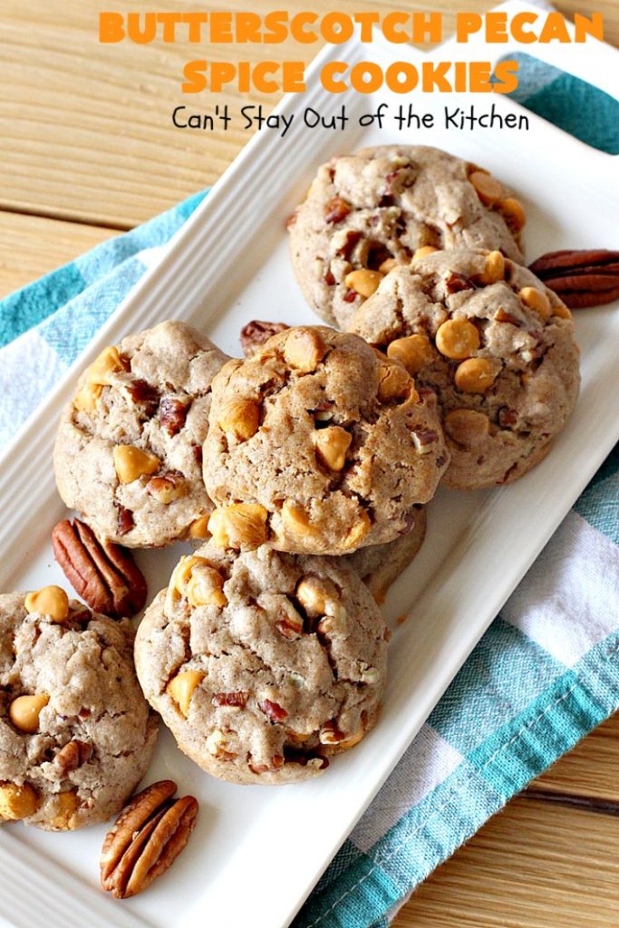 Butterscotch Pecan Spice Cookies | Can't Stay Out of the Kitchen | these fantastic 5-ingredient #cookies are perfect for #holiday #baking & a #ChristmasCookieExchange. They're so easy since they start with a #SpiceCakeMix. #Pecans & #ButterscotchChips make them absolutely delightful. #dessert #ButterscotchDessert #HolidayDessert #ButterscotchPecanSpiceCookies