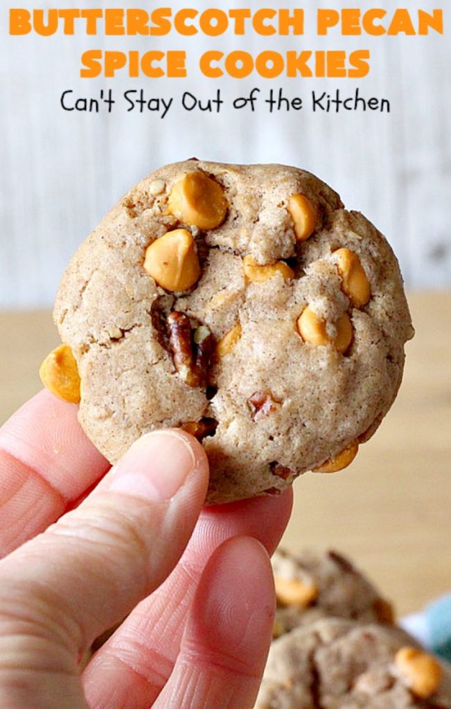 Butterscotch Pecan Spice Cookies | Can't Stay Out of the Kitchen | these fantastic 5-ingredient #cookies are perfect for #holiday #baking & a #ChristmasCookieExchange. They're so easy since they start with a #SpiceCakeMix. #Pecans & #ButterscotchChips make them absolutely delightful. #dessert #ButterscotchDessert #HolidayDessert #ButterscotchPecanSpiceCookies