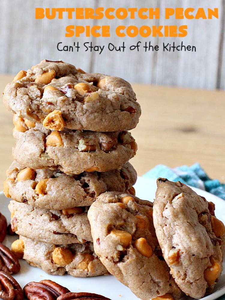 Butterscotch Pecan Spice Cookies | Can't Stay Out of the Kitchen | these fantastic 5-ingredient #cookies are perfect for #holiday #baking & a #ChristmasCookieExchange. They're so easy since they start with a #SpiceCakeMix. #Pecans & #ButterscotchChips make them absolutely delightful. #dessert #ButterscotchDessert #HolidayDessert #ButterscotchPecanSpiceCookies