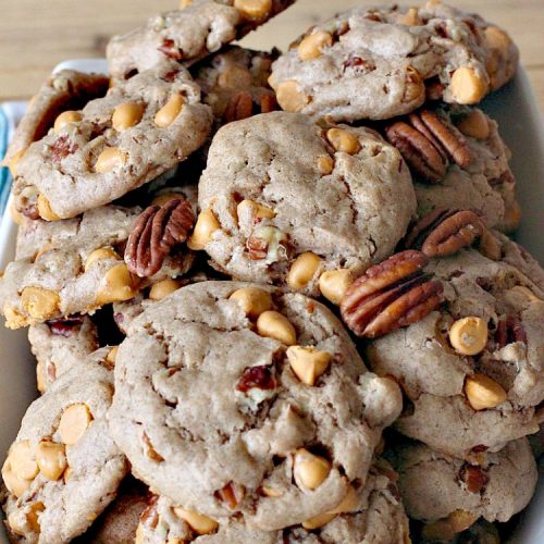 Butterscotch Pecan Spice Cookies | Can't Stay Out of the Kitchen | these fantastic 5-ingredient #cookies are perfect for #holiday #baking & a #ChristmasCookieExchange. They're so easy since they start with a #SpiceCakeMix. #Pecans & #ButterscotchChips make them absolutely delightful. #dessert #ButterscotchDessert #HolidayDessert #ButterscotchPecanSpiceCookies