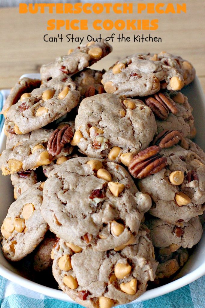 Butterscotch Pecan Spice Cookies | Can't Stay Out of the Kitchen | these fantastic 5-ingredient #cookies are perfect for #holiday #baking & a #ChristmasCookieExchange. They're so easy since they start with a #SpiceCakeMix. #Pecans & #ButterscotchChips make them absolutely delightful. #dessert #ButterscotchDessert #HolidayDessert #ButterscotchPecanSpiceCookies
