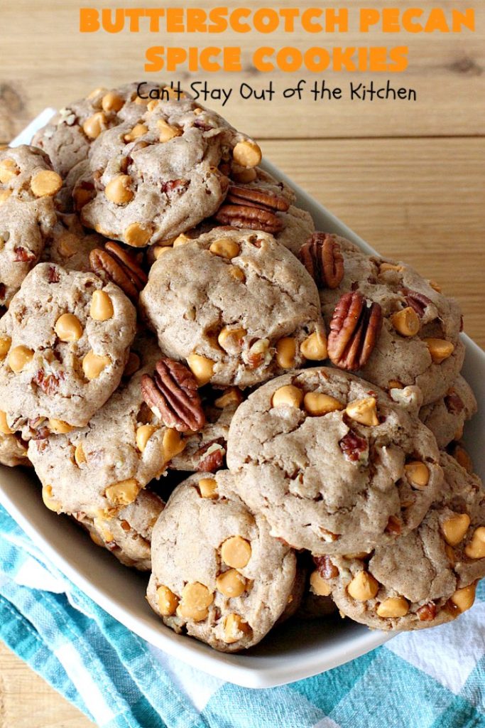 Butterscotch Pecan Spice Cookies | Can't Stay Out of the Kitchen | these fantastic 5-ingredient #cookies are perfect for #holiday #baking & a #ChristmasCookieExchange. They're so easy since they start with a #SpiceCakeMix. #Pecans & #ButterscotchChips make them absolutely delightful. #dessert #ButterscotchDessert #HolidayDessert #ButterscotchPecanSpiceCookies