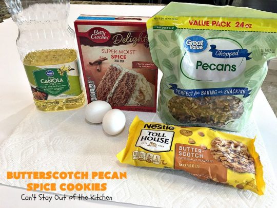 Butterscotch Pecan Spice Cookies | Can't Stay Out of the Kitchen | these fantastic 5-ingredient #cookies are perfect for #holiday #baking & a #ChristmasCookieExchange. They're so easy since they start with a #SpiceCakeMix. #Pecans & #ButterscotchChips make them absolutely delightful. #dessert #ButterscotchDessert #HolidayDessert #ButterscotchPecanSpiceCookies