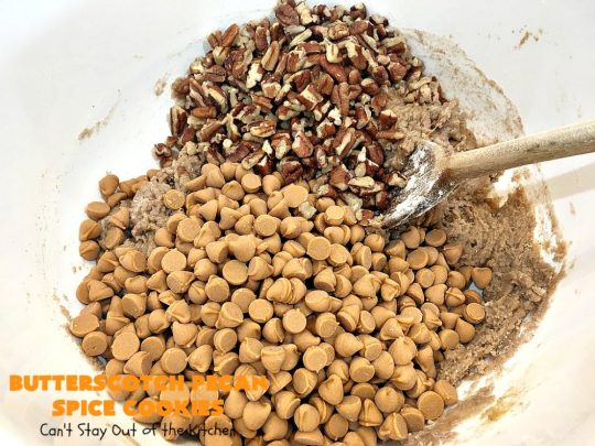Butterscotch Pecan Spice Cookies | Can't Stay Out of the Kitchen | these fantastic 5-ingredient #cookies are perfect for #holiday #baking & a #ChristmasCookieExchange. They're so easy since they start with a #SpiceCakeMix. #Pecans & #ButterscotchChips make them absolutely delightful. #dessert #ButterscotchDessert #HolidayDessert #ButterscotchPecanSpiceCookies