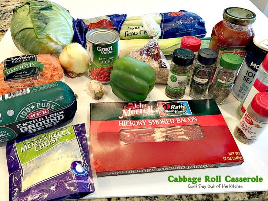 Cabbage Roll Casserole | Can't Stay Out of the Kitchen | the BEST #cabbageroll recipe ever! This one includes #bacon and #mozzarellacheese making an old-fashioned favorite even better. #rice #cabbage #groundbeef