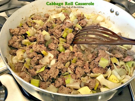 Cabbage Roll Casserole | Can't Stay Out of the Kitchen | the BEST #cabbageroll recipe ever! This one includes #bacon and #mozzarellacheese making an old-fashioned favorite even better. #rice #cabbage #groundbeef