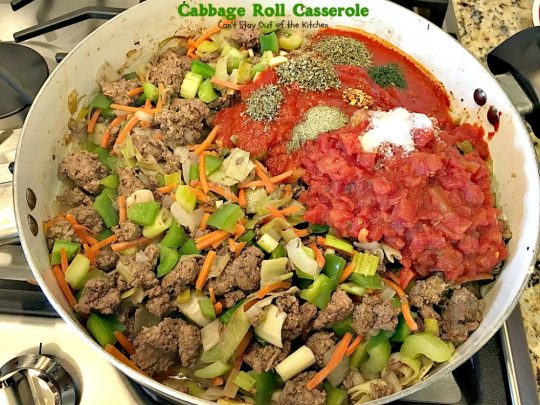 Cabbage Roll Casserole | Can't Stay Out of the Kitchen | the BEST #cabbageroll recipe ever! This one includes #bacon and #mozzarellacheese making an old-fashioned favorite even better. #rice #cabbage #groundbeef