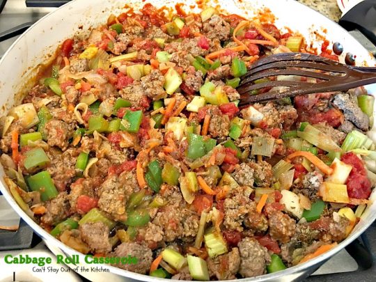 Cabbage Roll Casserole | Can't Stay Out of the Kitchen | the BEST #cabbageroll recipe ever! This one includes #bacon and #mozzarellacheese making an old-fashioned favorite even better. #rice #cabbage #groundbeef