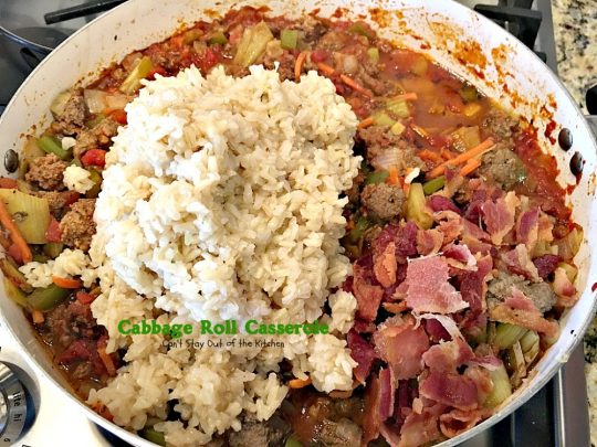 Cabbage Roll Casserole | Can't Stay Out of the Kitchen | the BEST #cabbageroll recipe ever! This one includes #bacon and #mozzarellacheese making an old-fashioned favorite even better. #rice #cabbage #groundbeef