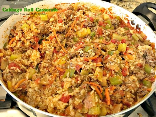 Cabbage Roll Casserole | Can't Stay Out of the Kitchen | the BEST #cabbageroll recipe ever! This one includes #bacon and #mozzarellacheese making an old-fashioned favorite even better. #rice #cabbage #groundbeef