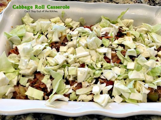 Cabbage Roll Casserole | Can't Stay Out of the Kitchen | the BEST #cabbageroll recipe ever! This one includes #bacon and #mozzarellacheese making an old-fashioned favorite even better. #rice #cabbage #groundbeef