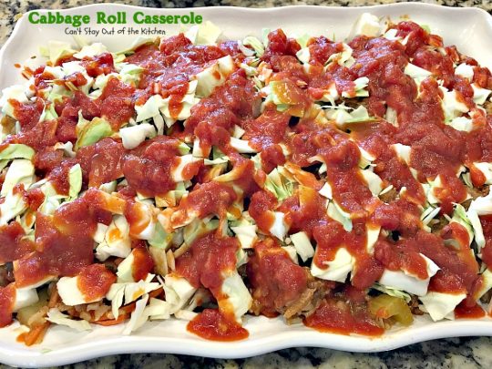 Cabbage Roll Casserole | Can't Stay Out of the Kitchen | the BEST #cabbageroll recipe ever! This one includes #bacon and #mozzarellacheese making an old-fashioned favorite even better. #rice #cabbage #groundbeef