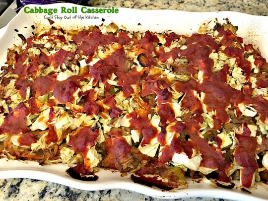 Cabbage Roll Casserole | Can't Stay Out of the Kitchen | the BEST #cabbageroll recipe ever! This one includes #bacon and #mozzarellacheese making an old-fashioned favorite even better. #rice #cabbage #groundbeef