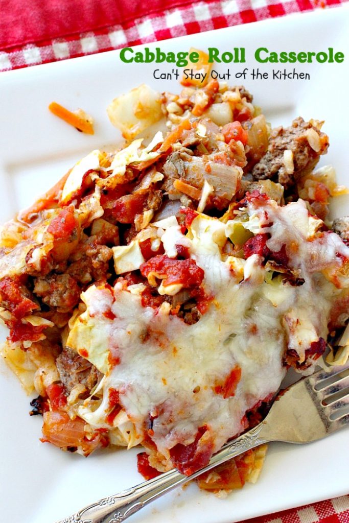 Cabbage Roll Casserole | Can't Stay Out of the Kitchen | the BEST #cabbageroll recipe ever! This one includes #bacon and #mozzarellacheese making an old-fashioned favorite even better. #rice #cabbage #groundbeef