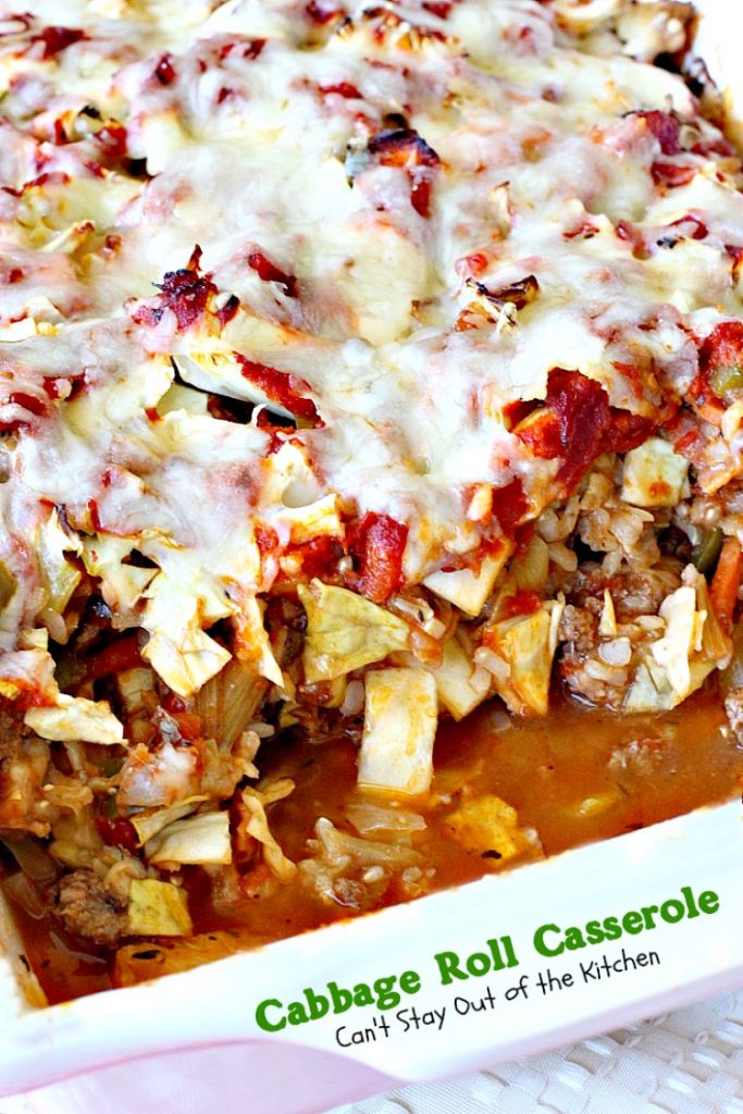 Cabbage Roll Casserole | Can't Stay Out of the Kitchen | the BEST #cabbageroll recipe ever! This one includes #bacon and #mozzarellacheese making an old-fashioned favorite even better. #rice #cabbage #groundbeef