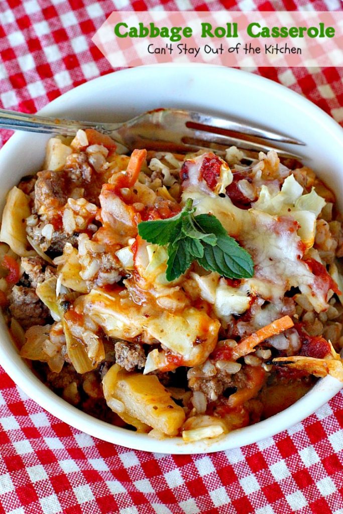 Cabbage Roll Casserole | Can't Stay Out of the Kitchen | the BEST #cabbageroll recipe ever! This one includes #bacon and #mozzarellacheese making an old-fashioned favorite even better. #rice #cabbage #groundbeef