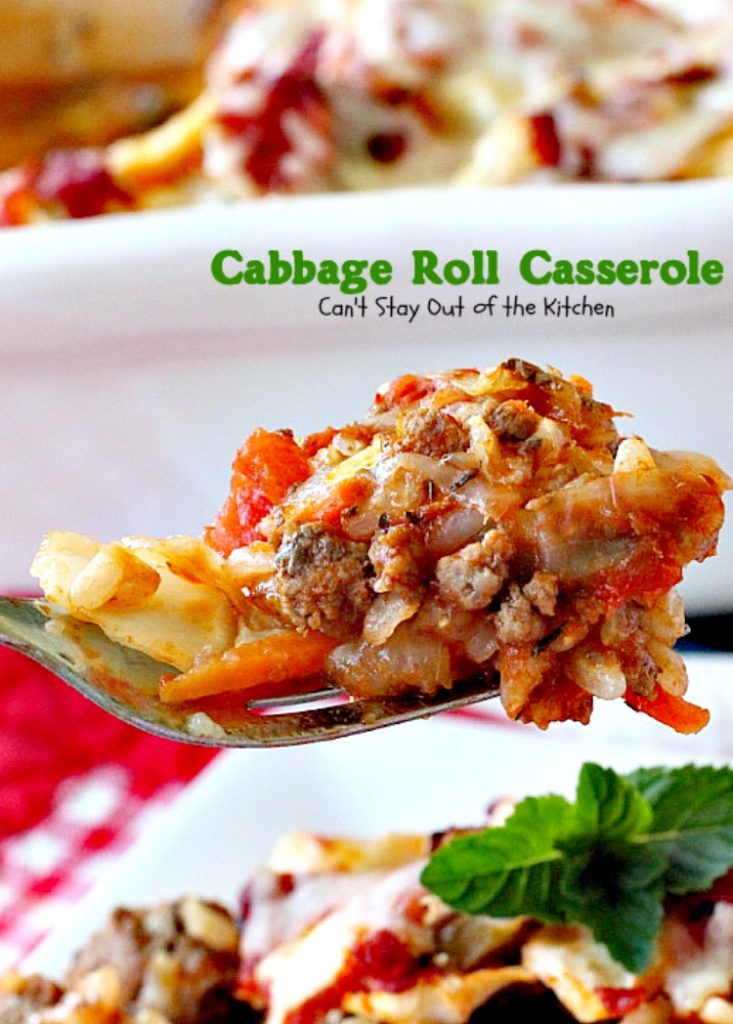 Cabbage Roll Casserole | Can't Stay Out of the Kitchen | the BEST #cabbageroll recipe ever! This one includes #bacon and #mozzarellacheese making an old-fashioned favorite even better. #rice #cabbage #groundbeef