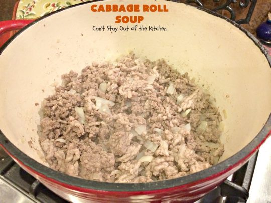 Cabbage Roll Soup | Can't Stay Out of the Kitchen | this awesome #soup tastes like eating #cabbagerolls in soup form! Perfect for chilly fall or winter nights. #glutenfree #beef #rice #Italiansausage #cabbage #tomatoes