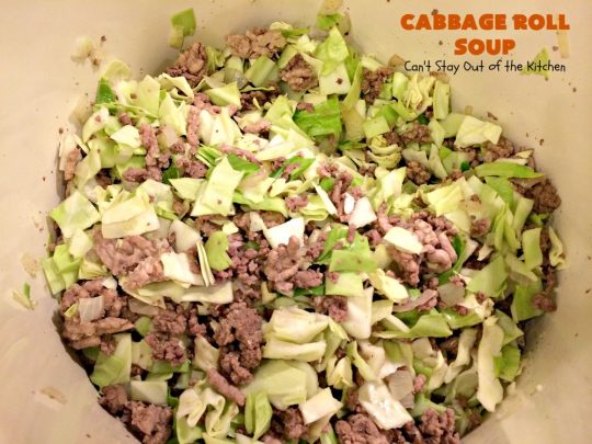 Cabbage Roll Soup | Can't Stay Out of the Kitchen | this awesome #soup tastes like eating #cabbagerolls in soup form! Perfect for chilly fall or winter nights. #glutenfree #beef #rice #Italiansausage #cabbage #tomatoes