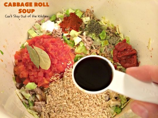 Cabbage Roll Soup | Can't Stay Out of the Kitchen | this awesome #soup tastes like eating #cabbagerolls in soup form! Perfect for chilly fall or winter nights. #glutenfree #beef #rice #Italiansausage #cabbage #tomatoes