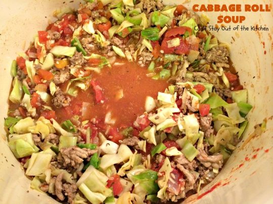 Cabbage Roll Soup | Can't Stay Out of the Kitchen | this awesome #soup tastes like eating #cabbagerolls in soup form! Perfect for chilly fall or winter nights. #glutenfree #beef #rice #Italiansausage #cabbage #tomatoes