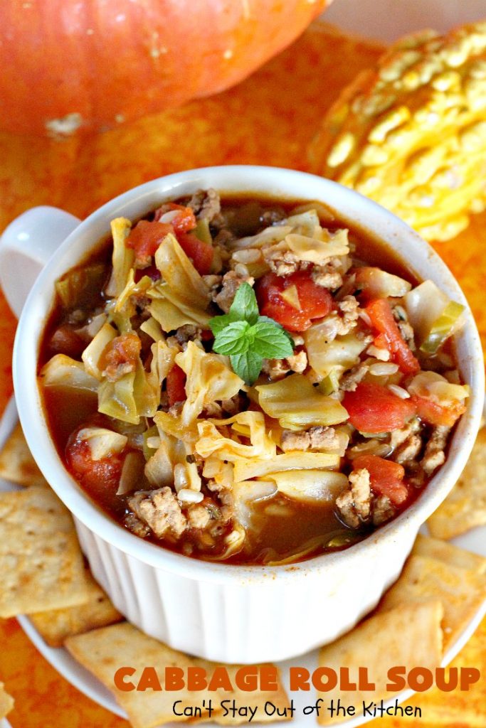 Cabbage Roll Soup | Can't Stay Out of the Kitchen | this awesome #soup tastes like eating #cabbagerolls in soup form! Perfect for chilly fall or winter nights. #glutenfree #beef #rice #Italiansausage #cabbage #tomatoes
