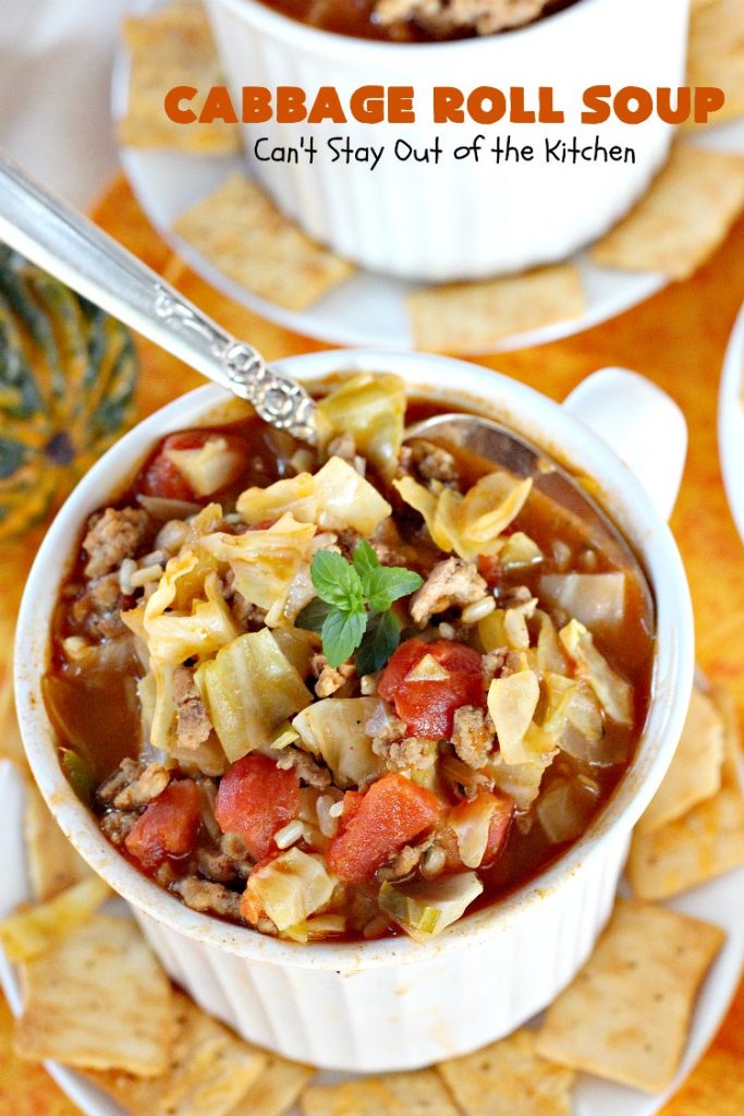 Cabbage Roll Soup | Can't Stay Out of the Kitchen | this awesome #soup tastes like eating #cabbagerolls in soup form! Perfect for chilly fall or winter nights. #glutenfree #beef #rice #Italiansausage #cabbage #tomatoes