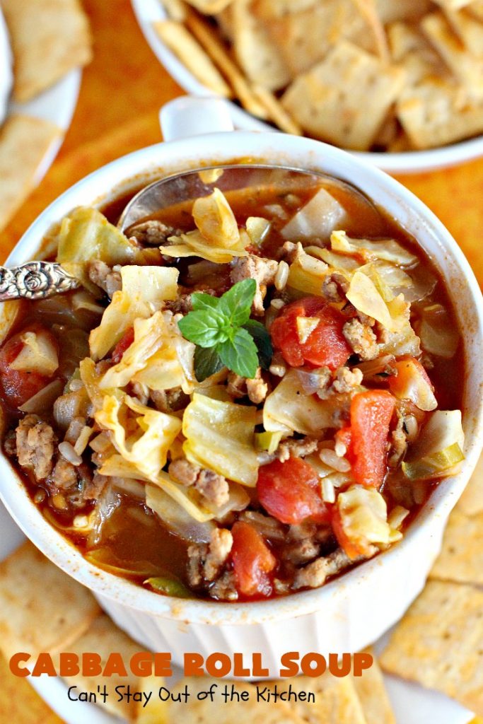 Cabbage Roll Soup | Can't Stay Out of the Kitchen | this awesome #soup tastes like eating #cabbagerolls in soup form! Perfect for chilly fall or winter nights. #glutenfree #beef #rice #Italiansausage #cabbage #tomatoes
