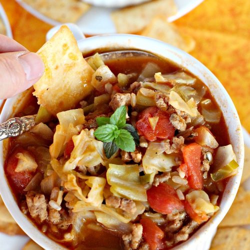 Cabbage Roll Soup | Can't Stay Out of the Kitchen | this awesome #soup tastes like eating #cabbagerolls in soup form! Perfect for chilly fall or winter nights. #glutenfree #beef #rice #Italiansausage #cabbage #tomatoes