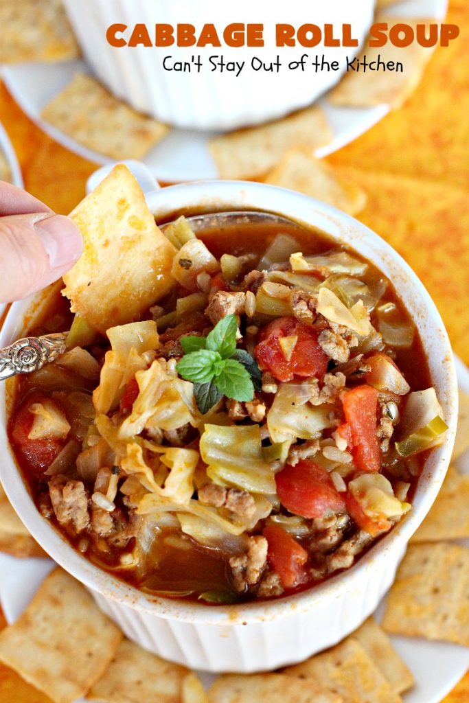 Cabbage Roll Soup | Can't Stay Out of the Kitchen | this awesome #soup tastes like eating #cabbagerolls in soup form! Perfect for chilly fall or winter nights. #glutenfree #beef #rice #Italiansausage #cabbage #tomatoes