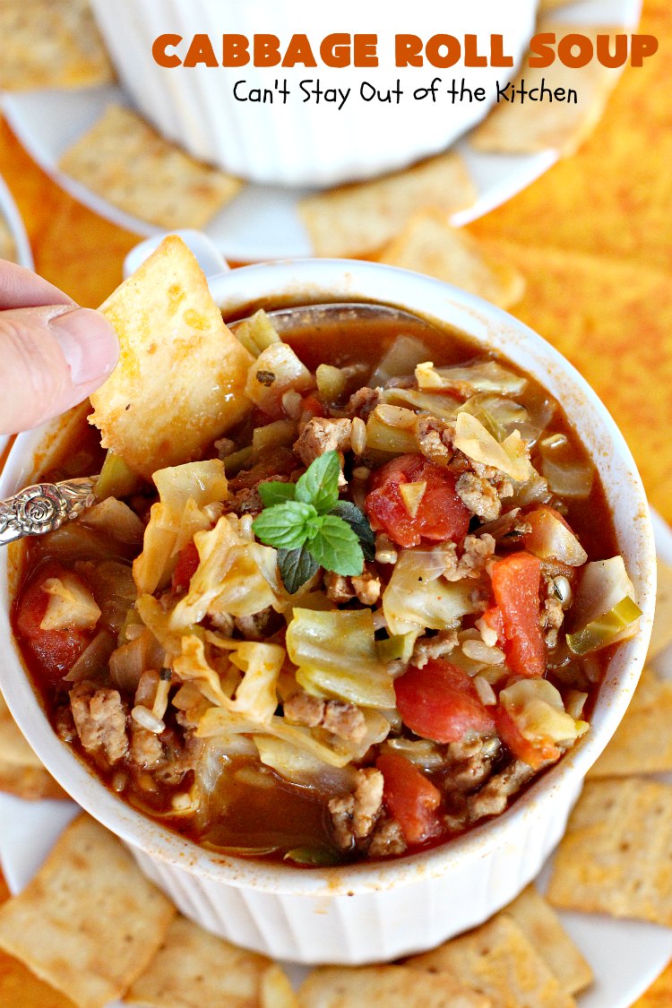 Cabbage Roll Soup | Can't Stay Out of the Kitchen | this awesome #soup tastes like eating #cabbagerolls in soup form! Perfect for chilly fall or winter nights. #glutenfree #beef #rice #Italiansausage #cabbage #tomatoes