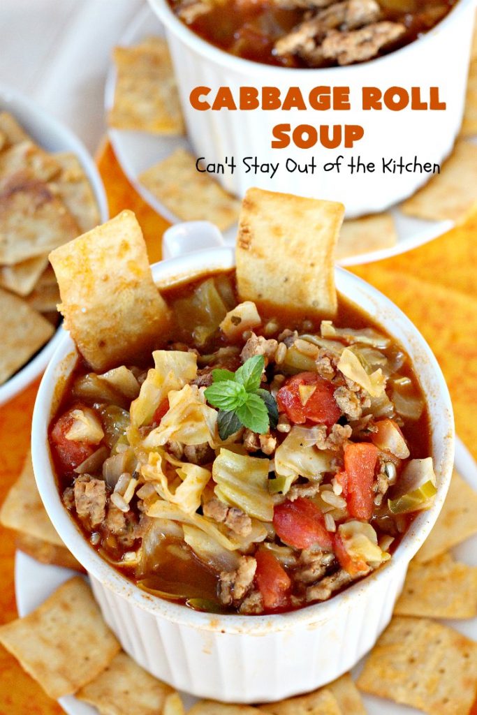Cabbage Roll Soup | Can't Stay Out of the Kitchen | this awesome #soup tastes like eating #cabbagerolls in soup form! Perfect for chilly fall or winter nights. #glutenfree #beef #rice #Italiansausage #cabbage #tomatoes