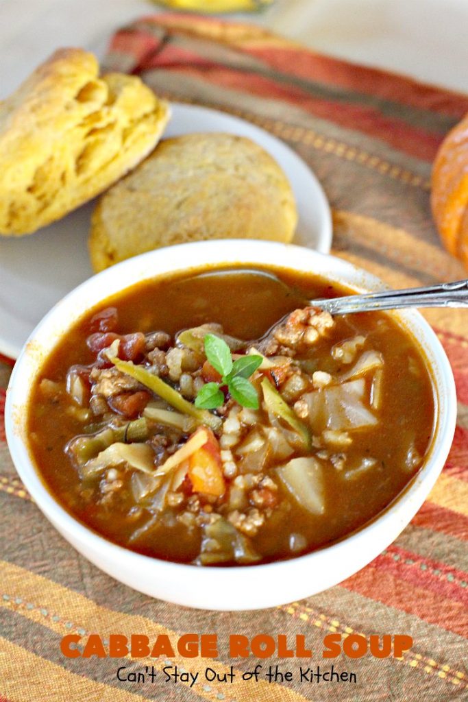 Cabbage Roll Soup | Can't Stay Out of the Kitchen | this awesome #soup tastes like eating #cabbagerolls in soup form! Perfect for chilly fall or winter nights. #glutenfree #beef #rice #Italiansausage #cabbage #tomatoes