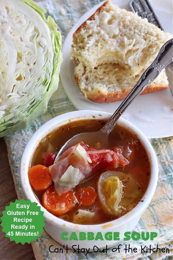 Cabbage Soup | Can't Stay Out of the Kitchen | This has got to be one of the best #CabbageSoup #recipes I've ever eaten! It can be whipped up in less than 45 minutes! It's #healthy, #LowCalorie & #GlutenFree. Great comfort food in fall or winter. #cabbage #StewedTomatoes #carrots
