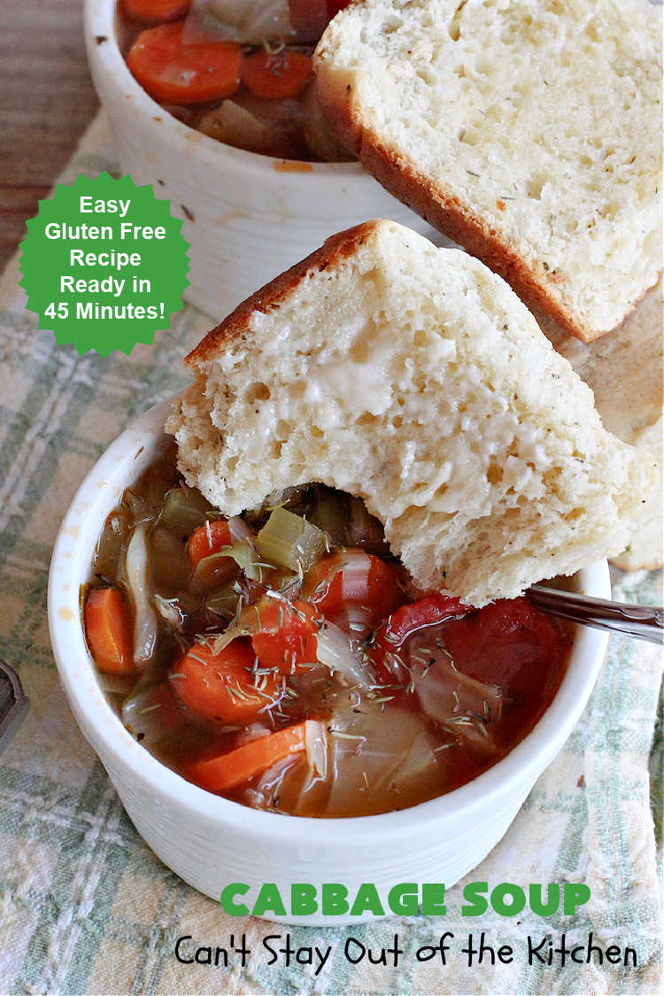 Cabbage Soup | Can't Stay Out of the Kitchen | This has got to be one of the best #CabbageSoup #recipes I've ever eaten! It can be whipped up in less than 45 minutes! It's #healthy, #LowCalorie & #GlutenFree. Great comfort food in fall or winter. #cabbage #StewedTomatoes #carrots