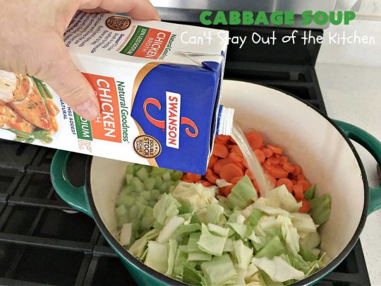 Cabbage Soup | Can't Stay Out of the Kitchen | This has got to be one of the best #CabbageSoup #recipes I've ever eaten! It can be whipped up in less than 45 minutes! It's #healthy, #LowCalorie & #GlutenFree. Great comfort food in fall or winter. #cabbage #StewedTomatoes #carrots